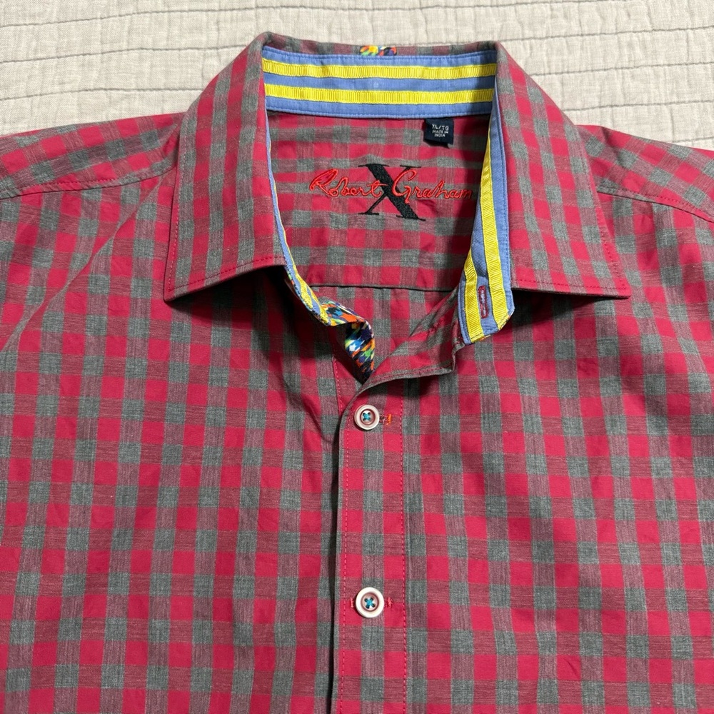 Robert Graham Men's Red Grey Checks Gingham LS Button Up Shirt Size XL